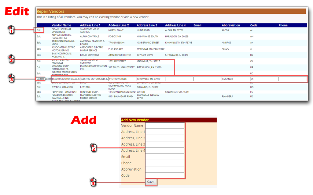 Edit Repair Vendor Screen Shot